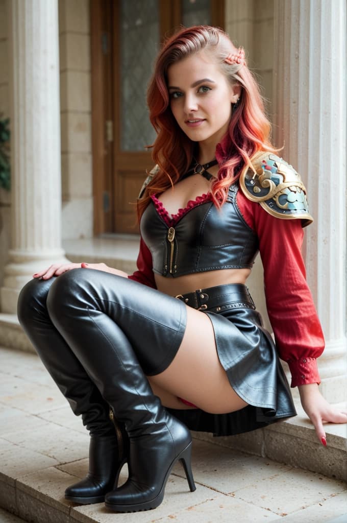 A 22-year-old woman with reddish blond hair. She's wearing leather boots, wide-legged pants that look like a skirt, and a colorful blouse. On top of the blouse, she's wearing leather armor. She has a mischievous look on her face. Around her neck is a simple leather band with a ring attached to it. She holds a sword in one hand and a dagger in the other. Her forearms are protected by leather wraps. Her hands are adorned with faint scars.